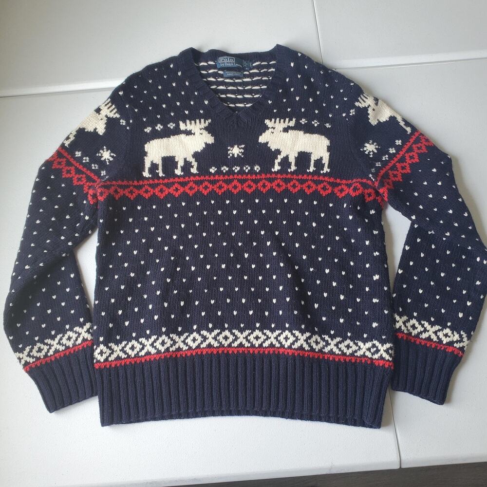 RARE Polo Ralph Lauren Sweater Mens Large Merino Wool Moose Fair Isle Hand Knit